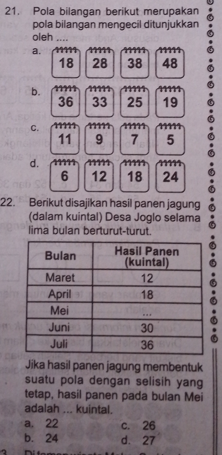 Pola bilangan berikut merupakan
pola bilangan mengecil ditunjukkan
oleh ....
a.
18 28 38 48
b.
36 33 25 19
C.
11 9 7 5
d.
6 12 18 24
22. Berikut disajikan hasil panen jagung
(dalam kuintal) Desa Joglo selama
lima bulan berturut-turut.
,
Jika hasil panen jagung membentuk
suatu pola dengan selisih yang
tetap, hasil panen pada bulan Mei
adalah ... kuintal.
a. 22 c. 26
b. 24 d. 27