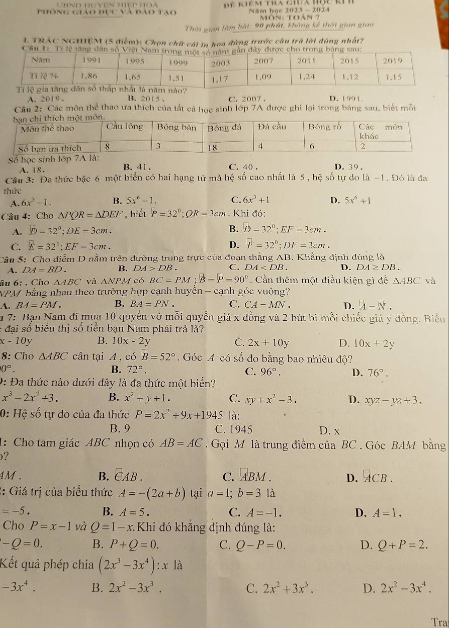 UBnD Huyện Hiệp Hoà  Để Kiêm tra ghưx hộc kih
phông giáo đục và đào tạo Năm học 2023 - 2024
Môn: toán 7
Thời gian làm bài: 90 phút, không kế thời gian giao
I TRÁC NGHIÊM (5 điểm): Chọn chữ cải in hoa đứng trước câu trả lời đúng nhất?
A. 2019 . B. 2015 . C. 2007 . D. 1991.
Câu 2: Các môn thể thao ưa thích của tất cả học sinh lớp 7A được ghi lại trong báng sau, biết mỗi
Số học sinh lớp
A. 18. B. 41. C. 40 . D. 39 .
Câu 3: Đa thức bậc 6 một biến có hai hạng tử mà hệ số cao nhất là 5 , hệ số tự do là -1. Đó là đa
thức
A. 6x^3-1.
B. 5x^6-1. C. 6x^3+1 D. 5x^6+1
Câu 4: Cho △ PQR=△ DEF , biết P=32°;QR=3cm. Khi đó:
A. D=32°;DE=3cm. B. D=32°;EF=3cm.
C. E=32°;EF=3cm. D. F=32°;DF=3cm.
Câu 5: Cho điểm D nằm trên đường trung trực của đoạn thắng AB. Khẳng định đúng là
A. DA=BD. B. DA>DB. C. DA D. DA≥ DB.
âu 6: . Cho △ ABC và △ NPM có BC=PM;B=P=90° Cần thêm một điều kiện gì để △ ABC và
VPM bằng nhau theo trường hợp cạnh huyền - cạnh góc vuông?
B.
A. BA=PM. BA=PN. C. CA=MN. D. A=N.
m 7: Bạn Nam đi mua 10 quyển vở mỗi quyển giá x đồng và 2 bút bi mỗi chiếc giá y đồng. Biểu
: đại số biểu thị số tiền bạn Nam phải trả là?
x-10y
B. 10x-2y C. 2x+10y D. 10x+2y
8: Cho △ ABC cân tại A , có B=52° Góc A có số đo bằng bao nhiêu độ?
0°.
B. 72°. C. 96°. D. 76°.
D: Đa thức nào dưới đây là đa thức một biến?
x^3-2x^2+3. B. x^2+y+1. C. xy+x^2-3. D. xyz-yz+3.
0: Hệ số tự do của đa thức P=2x^2+9x+1945 là:
B. 9 C. 1945 D. x
1:Cho tam giác ABC nhọn có AB=AC Gọi M là trung điểm của BC . Góc BAM bằng
?
4M . B. varepsilon _AB. C. ABM ACB.
D.
2: Giá trị của biểu thức A=-(2a+b) tại a=1;b=3 là
=-5.
B. A=5. C. A=-1. D. A=1.
Cho P=x-1 và Q=1-x Khi đó khẳng định đúng là:
-Q=0. B. P+Q=0. C. Q-P=0. D. Q+P=2.
Kết quả phép chia (2x^3-3x^4) :x là
-3x^4.
B. 2x^2-3x^3. C. 2x^2+3x^3. D. 2x^2-3x^4.
Tra