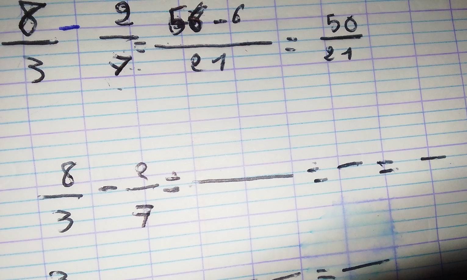  8/3 - 2/7 = (56-6)/21 = 50/21 
 8/3 - 2/7 / frac / -=