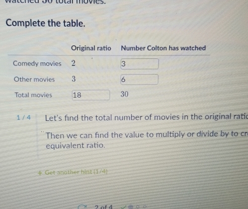 Complete the table. 
1 / 4 Let's find the total number of movies in the original ratic 
Then we can find the value to multiply or divide by to cr 
equivalent ratio. 
+ Get another hint (1/4)
2 of 4