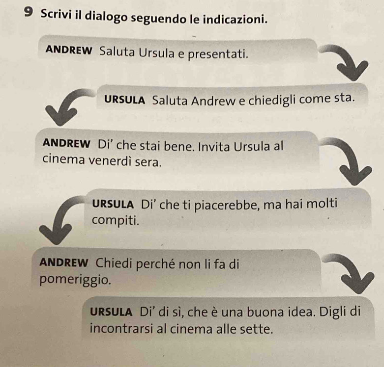 Scrivi il dialogo seguendo le indicazioni. 
ANDREW Saluta Ursula e presentati. 
URSULA Saluta Andrew e chiedigli come sta. 
ANDREW Di' che stai bene. Invita Ursula al 
cinema venerdì sera. 
uRsuLA Di’ che ti piacerebbe, ma hai molti 
compiti. 
ANDREW Chiedi perché non li fa di 
pomeriggio. 
ursULA Di' di sì, che è una buona idea. Digli di 
incontrarsi al cinema alle sette.