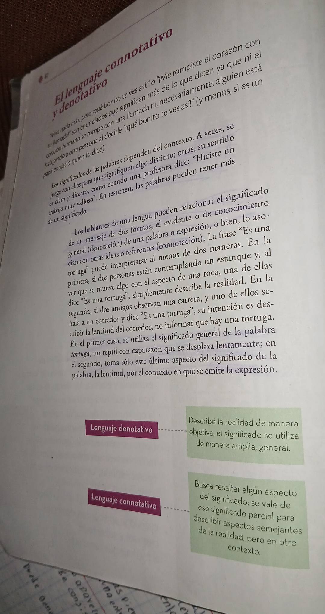 Il lenguaje connotativ
a nada más, pero ¡qué bonito te ves así!'' o ''¡Me rompiste el corazón co
amadal son enunciados que significan más de lo que dicen ya que ni
v   o t tivo
azzón humano se rompe con una llamada ni, necesariamente, alguien esa
aggando a otra persona al decirle '¡qué bonito te ves así!' (y menos, si es u
os significados de las palabras dependen del contexto. À veces, se
enapá enojado quien lo dice 
nega con ellas para que signifiquen algo distinto; otras, su sentido
s claro y directo, como cuando una profesora dice: “Hiciste un
de un significado rabajo muy valioso”. En resumen, las palabras pueden tener más
Los hablantes de una lengua pueden relacionar el significado
de un mensaje de dos formas, el evidente o de conocimiento
general (denotación) de una palabra o expresión, o bien, lo aso-
cian con otras ideas o referentes (connotación). La frase “Es una
tortuga” puede interpretarse al menos de dos maneras. En la
primera, si dos personas están contemplando un estanque y, al
ver que se mueve algo con el aspecto de una roca, una de ellas
dice “Es una tortuga”, simplemente describe la realidad. En la
segunda, si dos amigos observan una carrera, y uno de ellos se-
ñala a un corredor y dice “Es una tortuga”, su intención es des-
cribir la lentitud del corredor, no informar que hay una tortuga.
En el primer caso, se utiliza el significado general de la palabra
tortuga, un reptil con caparazón que se desplaza lentamente; en
el segundo, toma sólo este último aspecto del significado de la
palabra, la lentitud, por el contexto en que se emite la expresión.
Describé la realidad de manera
Lenguaje denotativo objetiva; el significado se utiliza
de manera amplia, general.
Busca resaltar algún aspecto
del significado; se vale de
Lenguaje connotativo ese significado parcial para
describir aspectos semejantes
de la realidad, pero en otro
contexto
、