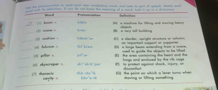 Ltse the pronunciation to read each new vocabulary word, and note its part of speech. Match each 
ion If you do not k