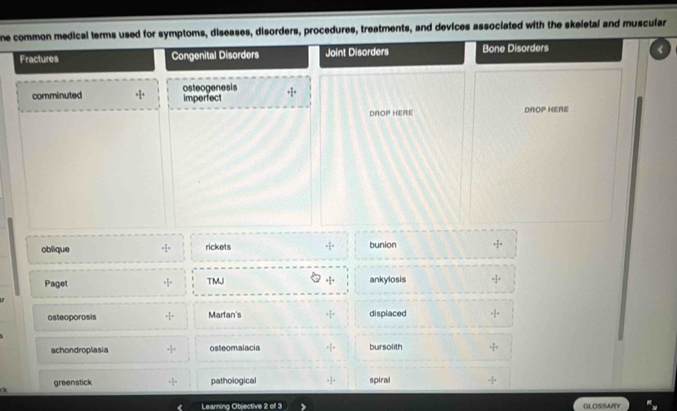 ne common medical terms used for symptoms, diseases, disorders, procedures, treatments, and devices associated with the skeletal and muscular 
Fractures Congenital Disorders Joint Disorders Bone Disorders 
comminuted + 1/4 + osteogenesis 1+
imperfect 
DROP HERE DROP HERE 
oblique rickets +frac 76^((circ) bunion
+1
Paget TMJ +1+ ankylosis 1^) 
:: 
osteoporosis + 1/4 + Marfan's displaced = 2/3 ·
achondroplasia = 1/3 + osteomalacia bursolith 
greenstick pathological + 1/2  spiral 
Learning Objective 2 of 3 GLOSSARY frac π _x