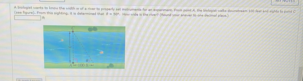 A biologist wants to know the width w of a river to properly set instruments for an experiment. From point A, the biologist walks downstream 100 feet and sights to point C
(see figure). From this sighting, it is determined that θ =50°. How wide is the river? (Round your answer to one decimal place.)
ft