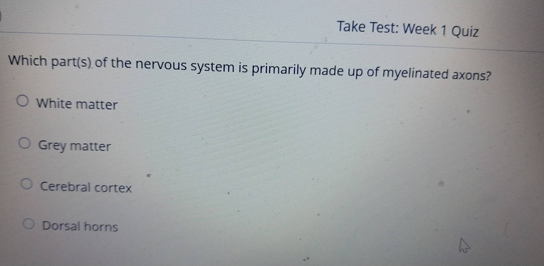 Take Test: Week 1 Quiz
Which part(s) of the nervous system is primarily made up of myelinated axons?
White matter
Grey matter
Cerebral cortex
Dorsal horns