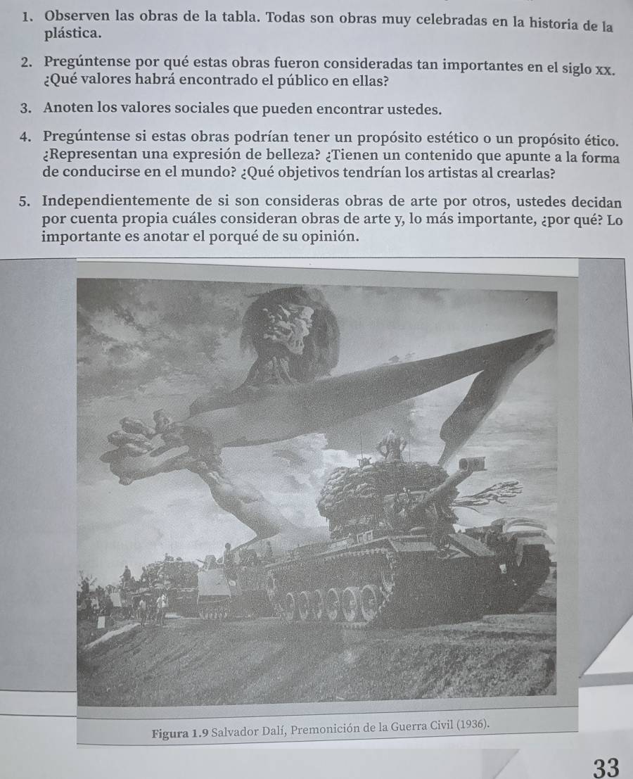 Observen las obras de la tabla. Todas son obras muy celebradas en la historia de la 
plástica. 
2. Pregúntense por qué estas obras fueron consideradas tan importantes en el siglo xx. 
¿Qué valores habrá encontrado el público en ellas? 
3. Anoten los valores sociales que pueden encontrar ustedes. 
4. Pregúntense si estas obras podrían tener un propósito estético o un propósito ético. 
¿Representan una expresión de belleza? ¿Tienen un contenido que apunte a la forma 
de conducirse en el mundo? ¿Qué objetivos tendrían los artistas al crearlas? 
5. Independientemente de si son consideras obras de arte por otros, ustedes decidan 
por cuenta propia cuáles consideran obras de arte y, lo más importante, ¿por qué? Lo 
importante es anotar el porqué de su opinión. 
Figura 1.9 Salvador Dalí, Premonición de la Guerra Civil (1936). 
33