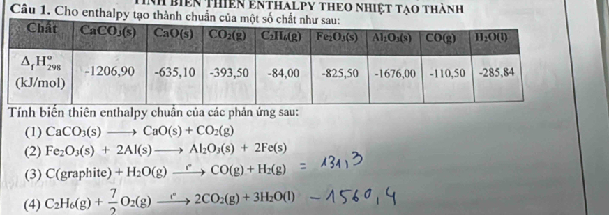 Nh biêN THIêN ENTHALPY THEO nhIệT tạo thành
Câu 1. Cho enthalpy tạo thành chuẩn c
Tính biến thiên enthalpy chuẩn của các phản ứng sau:
(1) CaCO_3(s)to CaO(s)+CO_2(g)
(2) Fe_2O_3(s)+2Al(s)to Al_2O_3(s)+2Fe(s)
(3) C(graphite)+H_2O(g)xrightarrow i(g)CO(g)+H_2(g)
(4) C_2H_6(g)+ 7/2 O_2(g)xrightarrow rO2CO_2(g)+3H_2O(l)