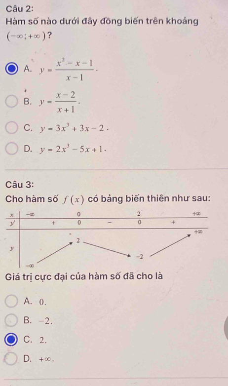 Hàm số nào dưới đây đồng biến trên khoảng
(-∈fty ;+∈fty ) ?
A. y= (x^2-x-1)/x-1 .
B. y= (x-2)/x+1 .
C. y=3x^3+3x-2.
D. y=2x^3-5x+1. 
Câu 3:
Cho hàm số f(x) có bảng biến thiên như sau:
Giá trị cực đại của hàm số đã cho là
A. 0.
B. -2.
C. 2.
D. +∞.