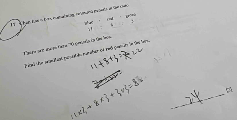 Chen has a box containing coloured pencils in the ratio 
blue : red : green
11 : 8 : 3
There are more than 70 pencils in the box. 
Find the smallest possible number of red pencils in the box 
_ 
[2]