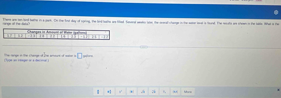 There are ten bird baths in a park. On the first day of spring, the bird baths are filled. Several weeks later, the overall change in the water level is found. The results are shown in the table. What is the
range of the data?
The range in the change of the amount of water is I □ gallons.
(Type an integer or a decimal.)
 □ /□   equiv  2/n  □° |□ | sqrt(□ ) sqrt[4](□ ) D. (8,0) More