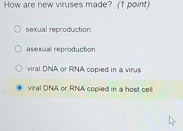 How are new viruses made? (1 point)
sexual reproduction
asexual reproduction
viral DNA or RNA copied in a virus
viral DNA or RNA copied in a host cell