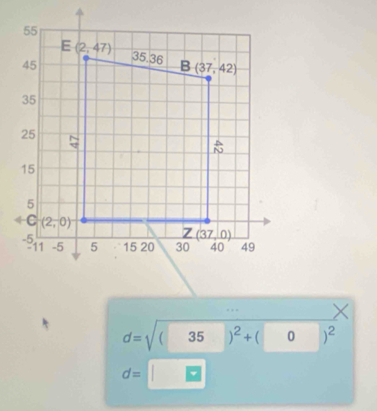 d=sqrt((35)^2)+(0)^2
d=