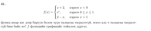 f(x)=beginarrayl x+2,xxnx<0x<0 e^x,xvqun0≤ x≤ 1 2-x,xvquanx>1endarray.
фуикц лмар цэг лээр баруун блон зуун талаасаа тасратттуй, эсвэл аль ч талаасаа тасраバт- 
гуйбнш байх вэ? ƒ функинйн графикнйг тоймлюон дурсэл.