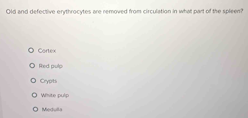 Solved: Old and defective erythrocytes are removed from circulation in ...