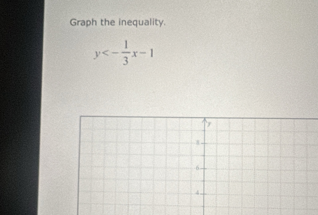 Graph the inequality.
y<- 1/3 x-1