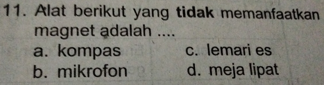 Alat berikut yang tidak memanfaatkan
magnet adalah ....
a. kompas c. lemari es
b. mikrofon d. meja lipat