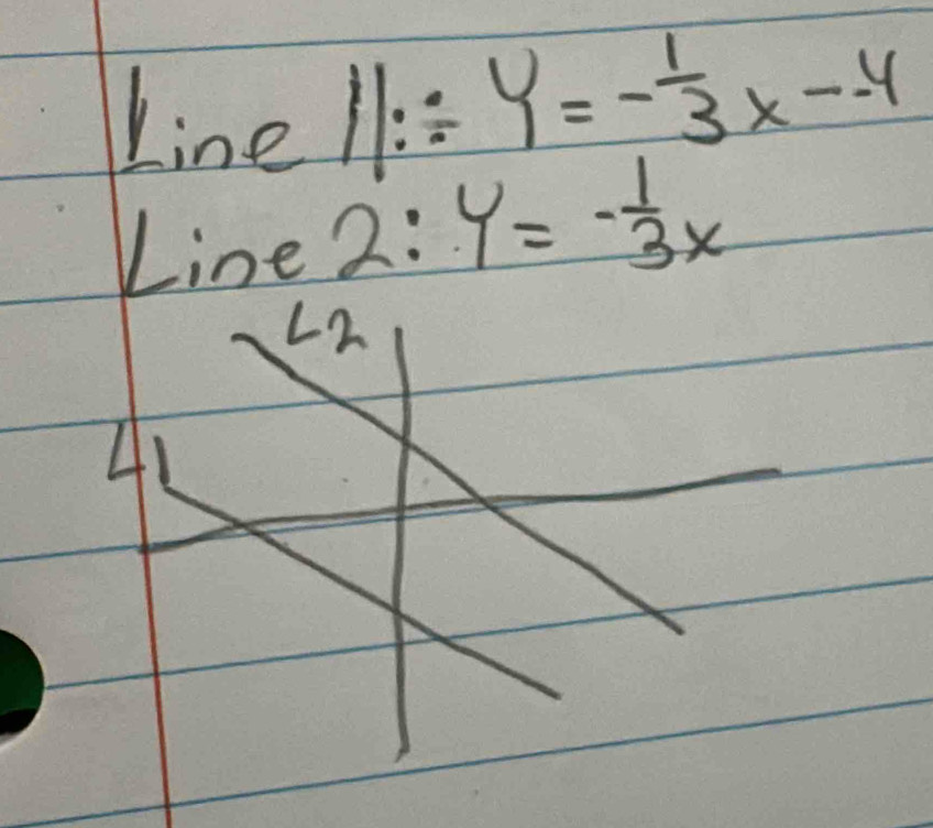 Line
11:/ 4=- 1/3 x--4
Line 2:4=- 1/3 x
L2
A