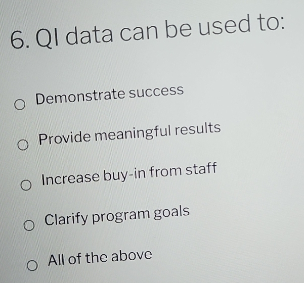 QI data can be used to:
Demonstrate success
Provide meaningful results
Increase buy-in from staff
Clarify program goals
All of the above