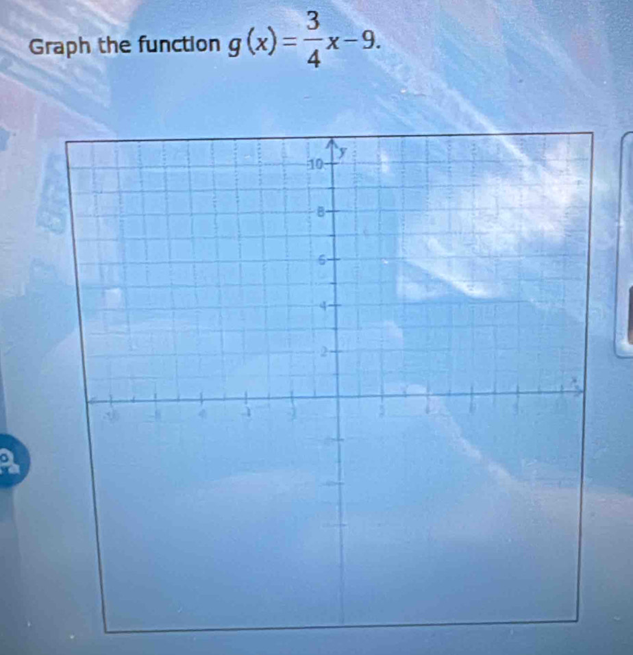 Graph the function g(x)= 3/4 x-9. 
a