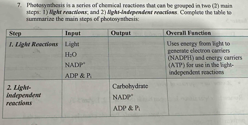 Photosynthesis is a series of chemical reactions that can be grouped in two (2) main
steps: 1) light reactions; and 2) light-independent reactions. Complete the table to
summarize the main steps of photosynthesis: