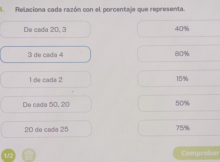 Relaciona cada razón con el porcentaje que representa.
De cada 20, 3 40%
3 de cada 4 80%
1 de cada 2 15%
De cada 50, 20 50%
20 de cada 25 75%
1/2 Comprobar