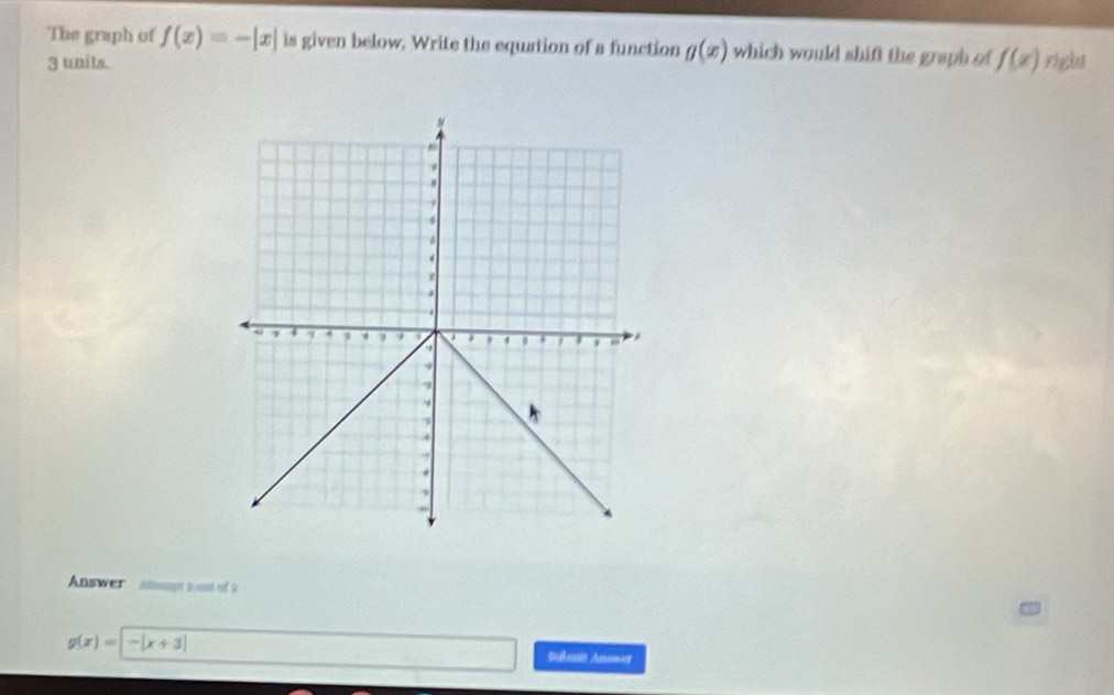 The graph of f(x)=-|x| is given below. Write the equation of a function g(x) which would shift the graph of f(x) right
3 units. 
Answer atempt 2ot of 3
g(x)=-|x+3|
Suhmait Answer