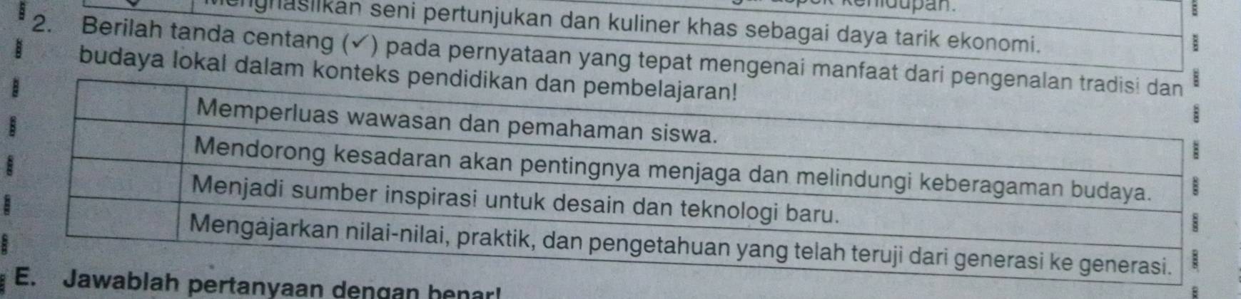 mdupan. B 
engnaśiikan seni pertunjukan dan kuliner khas sebagai daya tarik ekonomi. 
2. Berilah tanda centang (✓) pada pernyataan yang tepat mengenai manf 
budaya lokal dalam ko 
an dengan henar!