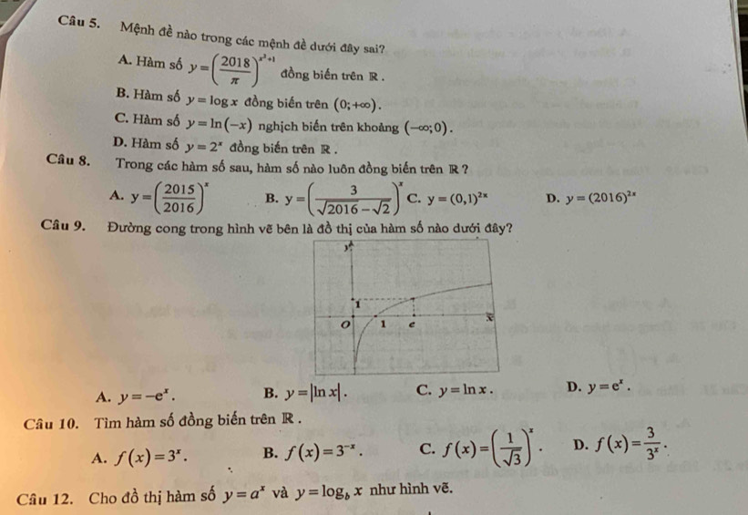 Mệnh đề nào trong các mệnh đề dưới đây sai?
A. Hàm số y=( 2018/π  )^x^3+1 đồng biến trên R.
B. Hàm số y=log x đồng biến trên (0;+∈fty ).
C. Hàm số y=ln (-x) nghịch biến trên khoảng (-∈fty ;0).
D. Hàm số y=2^x đồng biến trên R.
Câu 8. Trong các hàm số sau, hàm số nào luôn đồng biến trên R ?
A. y=( 2015/2016 )^x B. y=( 3/sqrt(2016)-sqrt(2) )^x C. y=(0,1)^2x D. y=(2016)^2x
Câu 9. Đường cong trong hình vẽ bên là đồ thị của hàm số nào dưới đây?
A. y=-e^x. B. y=|ln x|. C. y=ln x. D. y=e^x. 
Câu 10. Tìm hàm số đồng biến trên R.
A. f(x)=3^x. B. f(x)=3^(-x). C. f(x)=( 1/sqrt(3) )^x. D. f(x)= 3/3^x . 
Câu 12. Cho đồ thị hàm số y=a^x và y=log _bx như hình vẽ.