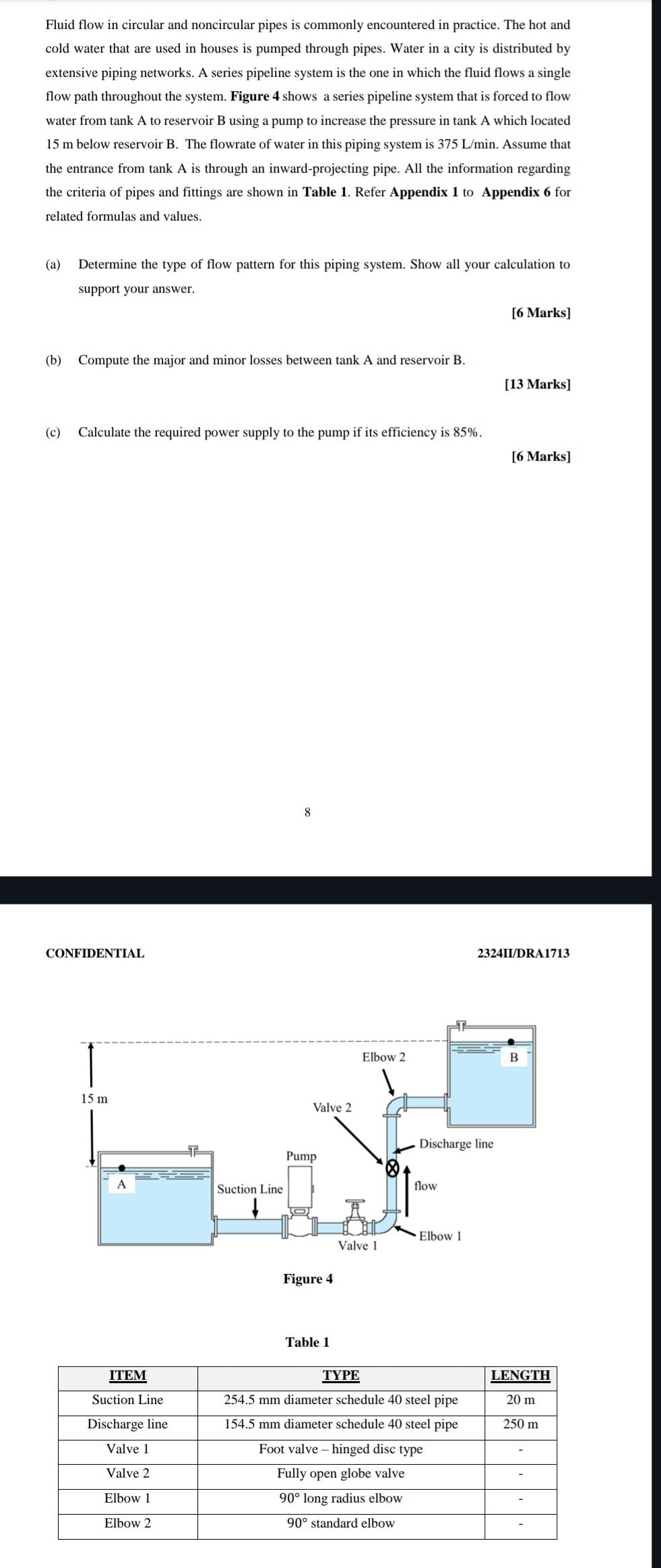 Fluid flow in circular and noncircular pipes is commonly encountered in practice. The hot and 
cold water that are used in houses is pumped through pipes. Water in a city is distributed by 
extensive piping networks. A series pipeline system is the one in which the fluid flows a single 
flow path throughout the system. Figure 4 shows a series pipeline system that is forced to flow 
water from tank A to reservoir B using a pump to increase the pressure in tank A which located
15 m below reservoir B. The flowrate of water in this piping system is 375 L/min. Assume that 
the entrance from tank A is through an inward-projecting pipe. All the information regarding 
the criteria of pipes and fittings are shown in Table 1. Refer Appendix 1 to Appendix 6 for 
(a) Determine the type of flow pattern for this piping system. Show all your calculation to 
support your answer. 
[6 Marks] 
(b) Compute the major and minor losses between tank A and reservoir B. 
[13 Marks] 
(c) Calculate the required power supply to the pump if its efficiency is 85%. 
[6 Marks] 
CONFIDENTIAL 2324II/DRA1713 
Table 1 
ITEM TYPE LENGTH
254.5 mm diameter schedule 40 steel pipe 20 m
Discharge line 154.5 mm diameter schedule 40 steel pipe 250 m
Valve 1 Foot valve - hinged disc type 
Valve 2 Fully open globe valve 
Elbow l 90° long radius elbow 
Elbow 2 standard elbow