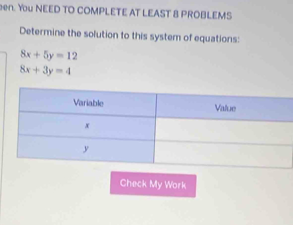 You NEED TO COMPLETE AT LEAST 8 PROBLEMS
Determine the solution to this system of equations:
8x+5y=12
8x+3y=4
Check My Work