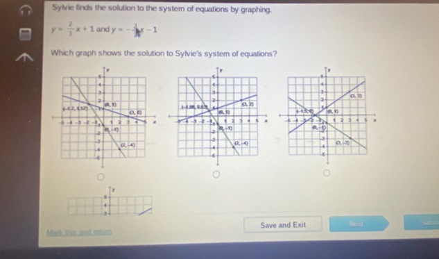 Sylvie finds the solution to the system of equations by graphing.
y= 2/3 x+1 and y=- 2/3 x-1
Which graph shows the solution to Sylvie's system of equations?
 
,
3
Mark this and return Save and Exit Neia