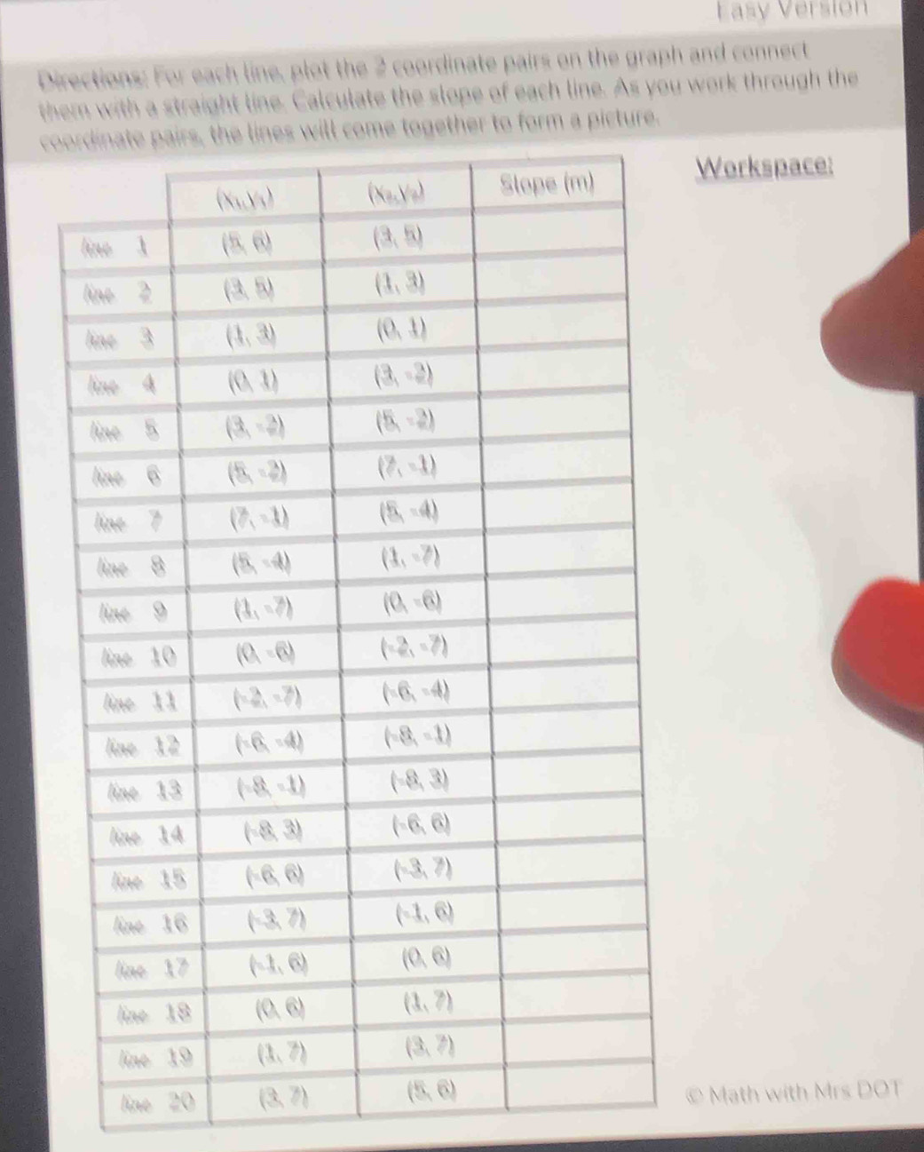 Lasy Versión
Directions: For each line, plot the 2 coordinate pairs on the graph and connect
them with a straight line. Calculate the slope of each line. As you work through the
cgether to form a picture.
Workspace:
line 20 
Math with Mrs DOT
C