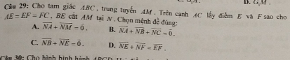 B. G, M
Câu 29: Cho tam giác ABC, trung tuyến AM. Trên cạnh AC lấy điểm E và F sao cho
AE=EF=FC ,BE cat AM tại N. Chọn mệnh đề đúng:
A. overline NA+overline NM=overline 0. B. vector NA+vector NB+vector NC=vector 0.
C. overline NB+overline NE=overline 0. D. overline NE+overline NF=overline EF. 
Câu 30: Cho hình hình hành 48C