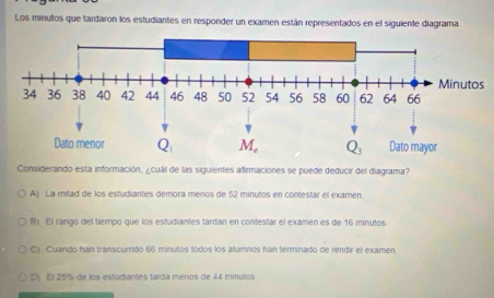 Los minutos que tardaron los estudiantes en responder un examen están representados en el siguiente diagrama.
Considerando esta información, ¿cuál de las siguientes afirmaciones se puede deducir del diagrama?
A) La mitad de los estudiantes demora menos de 52 minutos en contestar el examen.
B) El rango del tiempo que los estudiantes tardan en contestar el examen es de 16 minutos
C) Cuando han transcumdo 66 minutos todos los alumnos han terminado de rendir el examen
D). El 25% de los estudiantes tarda menos de 44 minutos