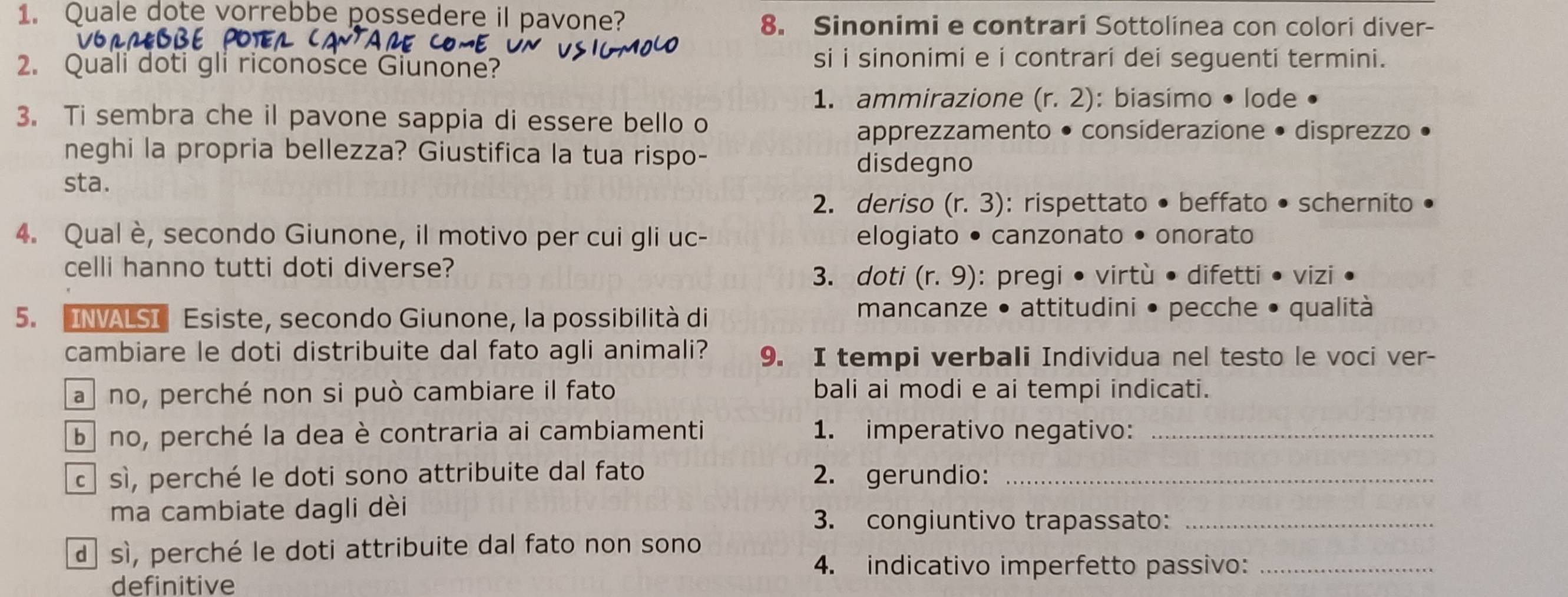 Quale dote vorrebbe possedere il pavone? 8. Sinonimi e contrari Sottolinea con colori diver-
2. Quali doti gli riconosce Giunone?
si i sinonimi e i contrari dei seguenti termini.
1. ammirazione (r.2) ): biasimo • lode
3. Ti sembra che il pavone sappia di essere bello o
apprezzamento • considerazione • disprezzo
neghi la propria bellezza? Giustifica la tua rispo-
disdegno
sta.
2. deriso (r. 3): rispettato • beffato • schernito •
4. Qual è, secondo Giunone, il motivo per cui gli uc- elogiato • canzonato • onorato
celli hanno tutti doti diverse?
3. doti (r.9) : pregi • virtù • difetti • vizi
5. INVALSI Esiste, secondo Giunone, la possibilità di
mancanze • attitudini • pecche • qualità
cambiare le doti distribuite dal fato agli animali? 9. I tempi verbali Individua nel testo le voci ver-
a no, perché non si può cambiare il fato bali ai modi e ai tempi indicati.
ba no, perché la dea è contraria ai cambiamenti 1. imperativo negativo:_
sì, perché le doti sono attribuite dal fato 2. gerundio:_
ma cambiate dagli dèi
3. congiuntivo trapassato:_
d sì, perché le doti attribuite dal fato non sono
4. indicativo imperfetto passivo:_
definitive