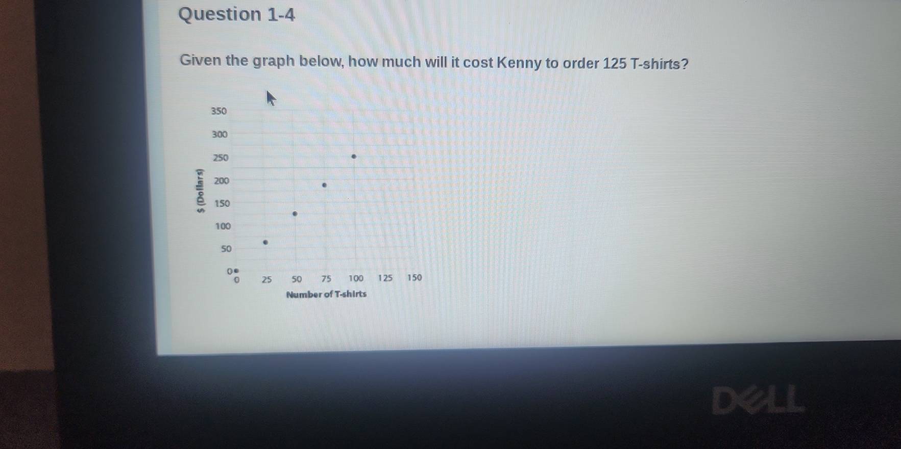 Given the graph below, how much will it cost Kenny to order 125 T-shirts?
350
300
250
200
150
100
50
() ●
25 50 75 100 125 150
Number of T-shirts