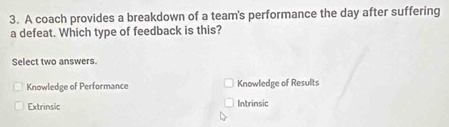 A coach provides a breakdown of a team's performance the day after suffering
a defeat. Which type of feedback is this?
Select two answers.
Knowledge of Performance Knowledge of Results
Extrinsic Intrinsic