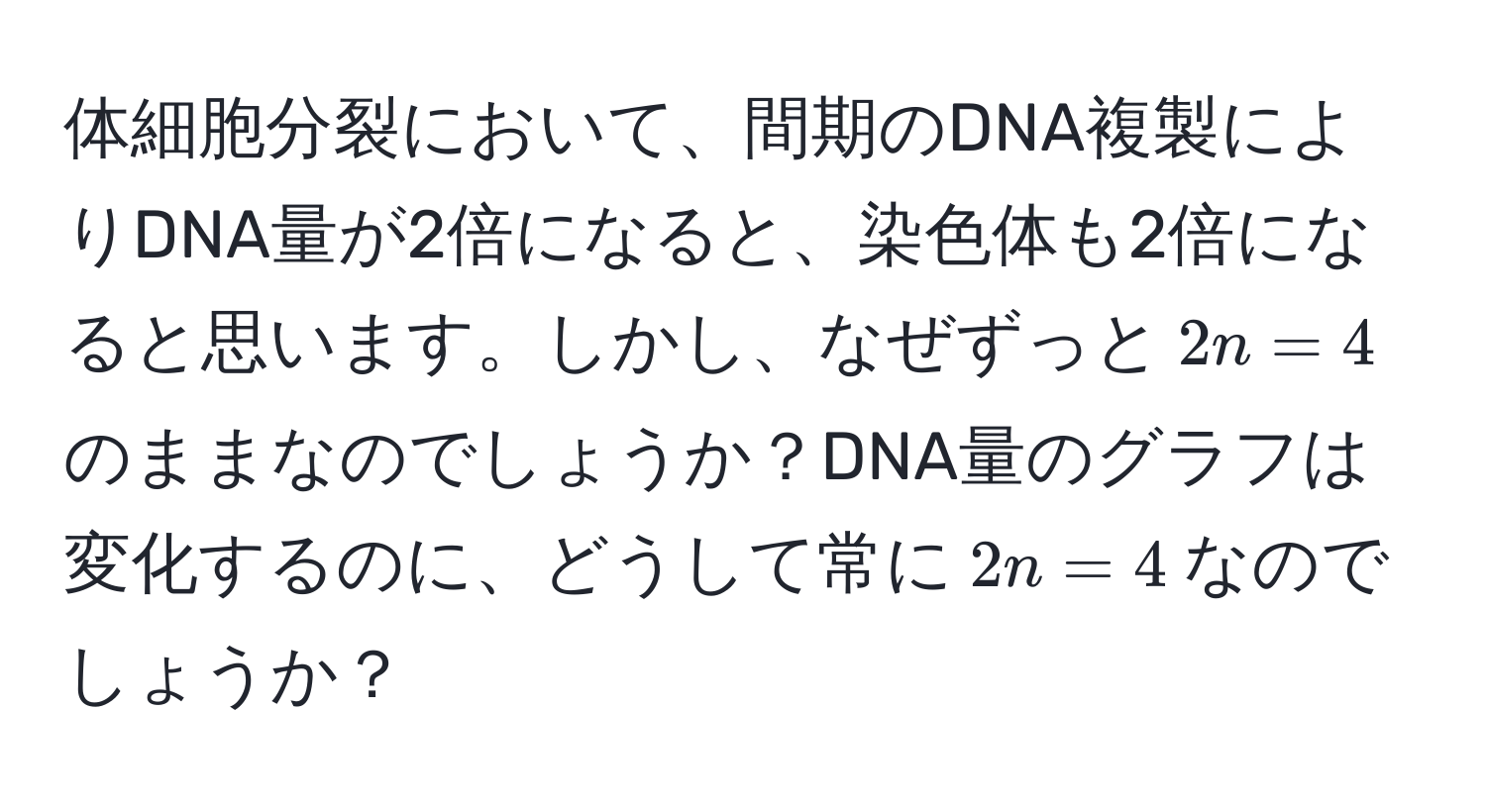 体細胞分裂において、間期のDNA複製によりDNA量が2倍になると、染色体も2倍になると思います。しかし、なぜずっと$2n = 4$のままなのでしょうか？DNA量のグラフは変化するのに、どうして常に$2n = 4$なのでしょうか？