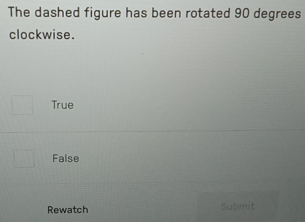 The dashed figure has been rotated 90 degrees
clockwise.
True
False
Rewatch Submit