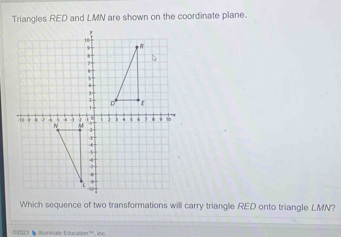 Triangles RED and LMN are shown on the coordinate plane. Which sequence ...