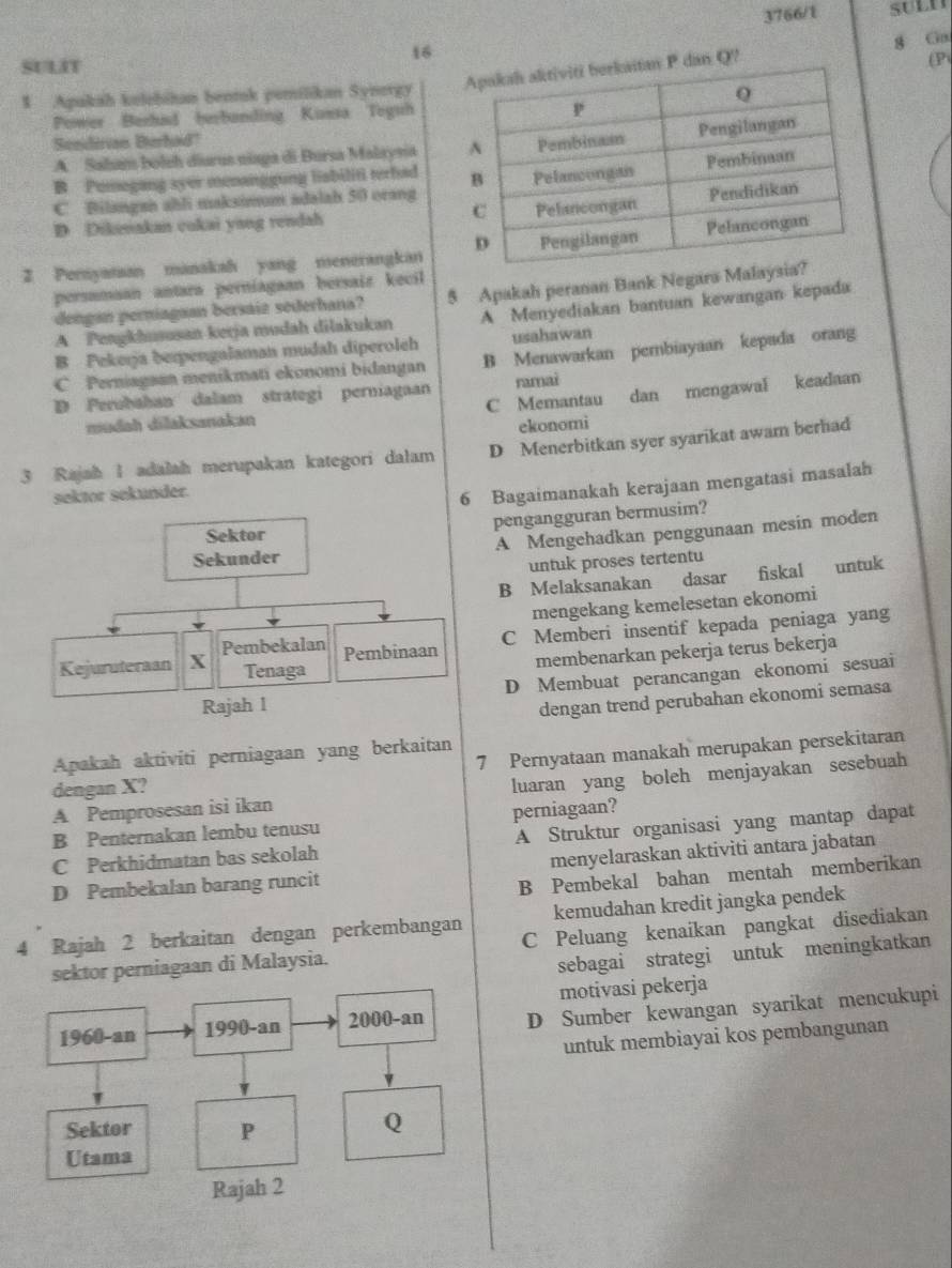 3766/1
16
Q? g Ga
SULIT
(P
1 Apukah kelehitan bentak pemilikan Synergy
Power Berhiad berbanding Kunsa Teguh
Seedirian Berhad''
A. Sahum bolsh diurus niaga di Bursa Malaysia
B Pomegang syer menanggung liabiliti terbad
C Bilangan ahli maksimum adalah 50 orang
D Dikenakan cokai yang rendah 
Z Peryatan manakah yang menerangkan
persamaan antara perniagaan bersaiz kecil
dengan perniagaan bersaiz sederhana? 5 Apakah peranan Bank Negara Mal
A Pengkhususan-kerja mudah dilakukan A Menyediakan bantuan kewangan kepada
B Pekeşja berpengalaman mudah diperoleh usahawan
C Perniagaan menikmati ekonomi bidangan B Menawarkan perbiayaan kepada orang
D Perubahan dalam strategi perniagaan ramai
müdah dilaksanakan C Memantau dan mengawal keadaan
ekonomi
3 Rajah I adalah merupakan kategori dalam D Menerbitkan syer syarikat awam berhad
sektor sekunder.
6 Bagaimanakah kerajaan mengatasi masalah
pengangguran bermusim?
Sektor
Sekunder A Mengehadkan penggunaan mesin moden
untuk proses tertentu
B Melaksanakan dasar fiskal untuk
mengekang kemelesetan ekonomi
Pembinaan C Memberi insentif kepada peniaga yang
Tenaga membenarkan pekerja terus bekerja
Kejuruteraan X Pembekalan
Rajah 1 D Membuat perancangan ekonomi sesuai
dengan trend perubahan ekonomi semasa
Apakah aktiviti perniagaan yang berkaitan
dengan X? 7 Pernyataan manakah merupakan persekitaran
A Pemprosesan isi ikan luaran yang boleh menjayakan sesebuah
B Penternakan lembu tenusu perniagaan?
C Perkhidmatan bas sekolah A Struktur organisasi yang mantap dapat
D Pembekalan barang runcit menyelaraskan aktiviti antara jabatan
B Pembekal bahan mentah memberikan
4 Rajah 2 berkaitan dengan perkembangan kemudahan kredit jangka pendek
sektor perniagaan di Malaysia. C Peluang kenaikan pangkat disediakan
sebagai strategi untuk meningkatkan
motivasi pekerja
D Sumber kewangan syarikat mencukupi
untuk membiayai kos pembangunan