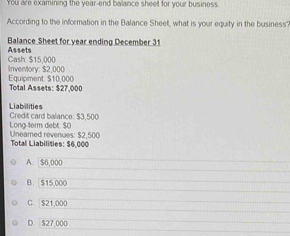 You are examining the year -end balance sheet for your business.
According to the information in the Balance Sheet, what is your equity in the business?
Balance Sheet for year ending December 31
Assets
Cash: $15,000
Inventory: $2,000
Equipment: $10,000
Total Assets: $27,000
Liabilities
Credit card balance: $3,500
Long-term debt: $0
Unearned revenues: $2,500
Total Liabilities: $6,000
A. $6,000
B. $15,000
C. $21,000
D. $27,000