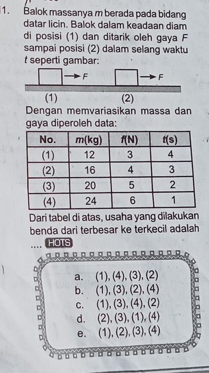 Balok massanya m berada pada bidang
datar licin. Balok dalam keadaan diam
di posisi (1) dan ditarik oleh gaya F
sampai posisi (2) dalam selang waktu
t seperti gambar:
(1) (2)
Dengan memvariasikan massa dan
gaya diperoleh data:
Dari tabel di atas, usaha yang dilakukan
benda dari terbesar ke terkecil adalah
HOTS
a. (1), (4), (3), (2)
b. (1), (3), (2), (4)
c. (1), (3), (4), (2)
D d. (2), (3), (1), (4)
D (1), (2), (3), (4)
D e.
X
D a a a 。 a 。