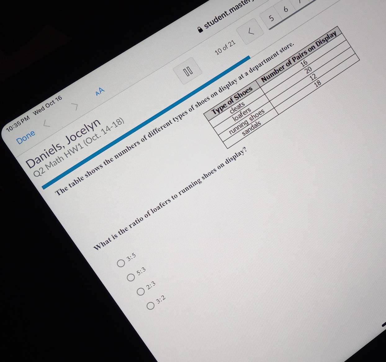 student.maste
5
10 of 21
16
10
20
Type of Shoes umber of Pairs on Displa
12
18
AA 
cleats
10:35 M Wed Oct 16
loafers 
able shows the numbers of different types of shoes on display at a departmen 
running shoes 
Done 
Daniels, Jocely 
sandals 
2 Math HW1 (Oct. 14-1 
at is the ratio of loafers to running shoes on disp
3:5
5:3
2:3
3:2