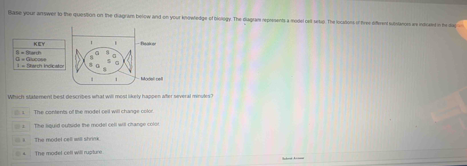 Base your answer to the question on the diagram below and on your knowledge of biology. The diagram represents a model cell setup. The locations of three different substances are indicated in the diagram
KEY I 1 Beaker
S= Starch G s
G= Glucose s G
s
1= Starch indicato s G
s
1 I Model cell
Which statement best describes what will most likely happen after several minutes?
1 The contents of the model cell will change color.
2 The liquid outside the model cell will change color
a The model cell will shrink.
4 The model cell will rupture.
Submit Ansese