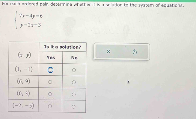 For each ordered pair, determine whether it is a solution to the system of equations.
beginarrayl 7x-4y=6 y=2x-3endarray.
×