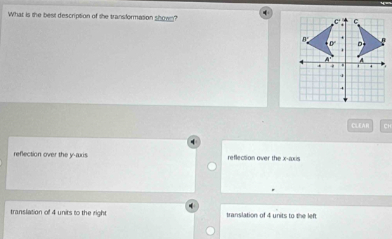 What is the best description of the transformation shown? 
CLEAR CH
reflection over the y-axis reflection over the x-axis
translation of 4 units to the right translation of 4 units to the left