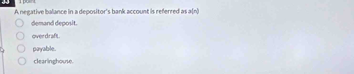 point
A negative balance in a depositor's bank account is referred as a(n)
demand deposit.
overdraft.
payable.
clearinghouse.