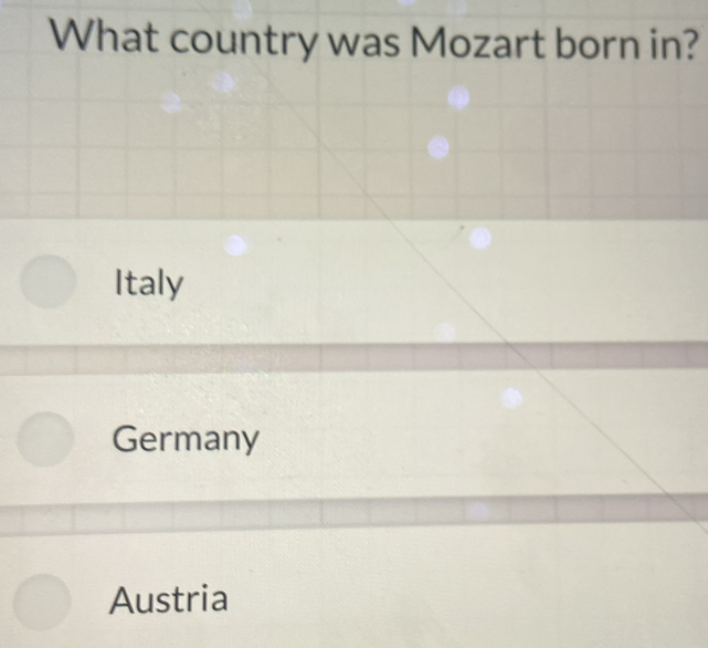 What country was Mozart born in?
Italy
Germany
Austria